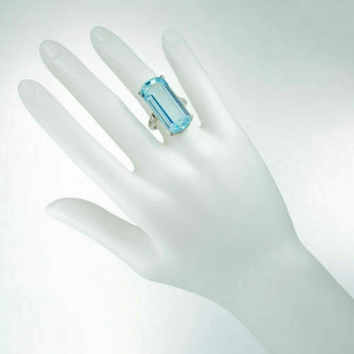 Single Huge Rectangular Cut 29.65CT Aquamarine & CZ Solitaire Ring In 935 Silver - Image 2 of 4