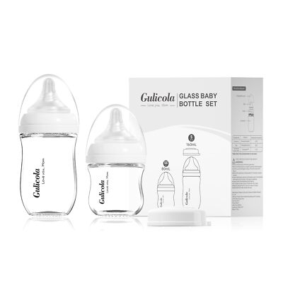 Natural Glass Baby Bottle Set 3oz and 5oz Anti-Colic Extra Flow Nipples 2Pc