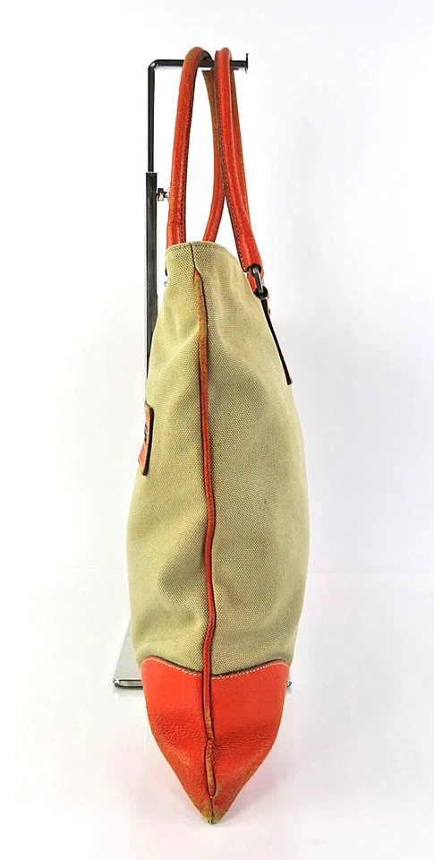 Подлинный PRADA бежевый холст и оранжевый кожаный сумка с короткими ручками ручная сумка сумочка #60959 - Изображение 4 из 4