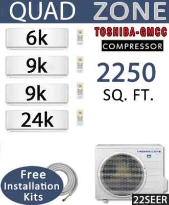 Quad Zone Ductless Mini Split Air Conditioner Hyper Heat Pump: 6k+9k+9k+24k BTU
