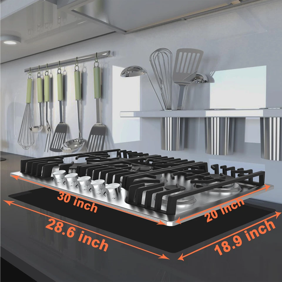 Estufa de gas propano de 30 pulgadas 5 quemadores NG LPG doble combustible acero inoxidable Foto 4 de 4