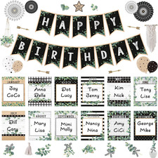 48 Pcs Classroom Happy Birthday Bulletin Board Sets Decorations, Eucalyptus Gree