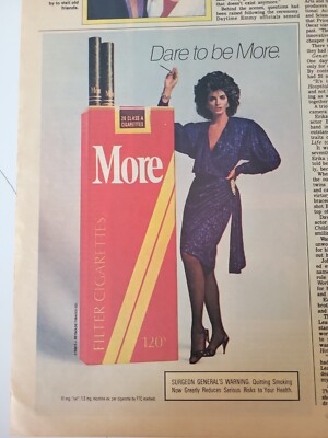 1986 dare to be More filter cigarettes brunette purple dress vintage ad