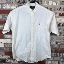 Ralph Lauren 100% Cotton Button Up Dress Shirt Solid White Size Large Brown Pony