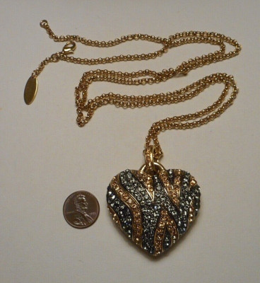 Roberto Cavalli Heart Pendant w Champagne & Smoke Rhinestones on 32'' Chain ITALY