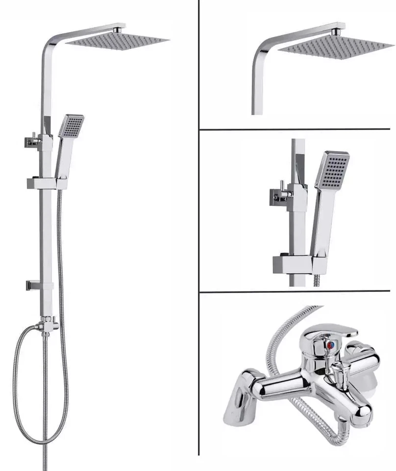 BW-HOUSEWARE Large Shower Kit Twin Head Waterfall Chrome Adjust Riser Rail Chrome Square Set