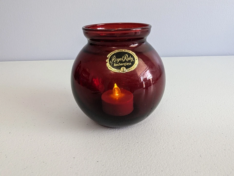 Anchor Hocking Royal Ruby Red Round Ball 4" Ivy Glass Bowl Vase Candle Vintage - Image 3 of 4