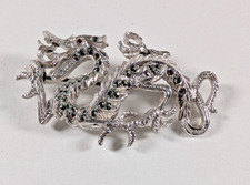 Vintage Brosche Drachen aus weißem Metall mit Markasiten und rotem Auge 4,5 cm