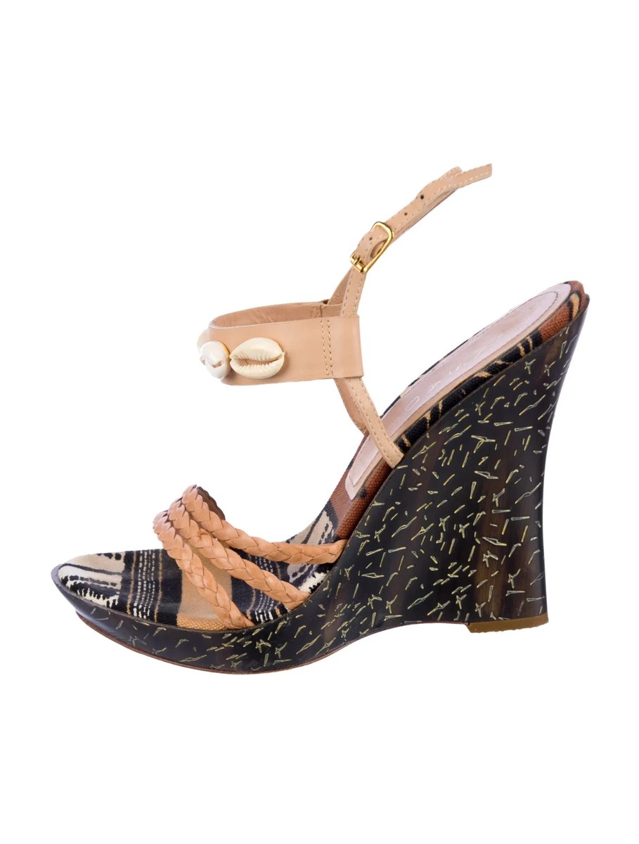 CASADEI Black Tribal & Geometric Print Cowrie Shell Wedge Sandals