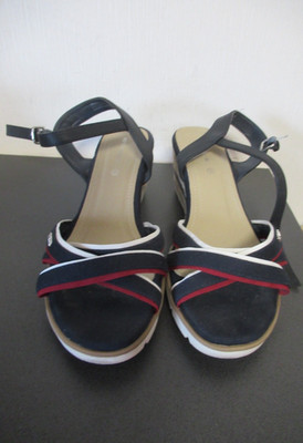 356/12  TOM TAILOR Damen Sandalen Gr. 41  blau rot weiß Riemchen Keilabsatz 7 cm