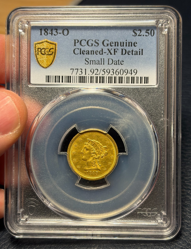 (#102856) Gold Quarter Eagle 1843 O $2.50 PCGS XF Details small date (see video!