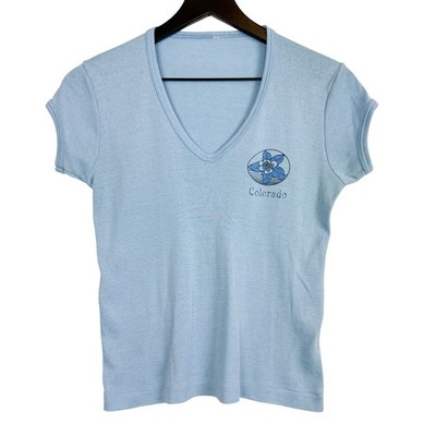 Vintage 90s Colorado Columbine Flower Blue VNeck Baby Tee Shirt Womens - Fits S