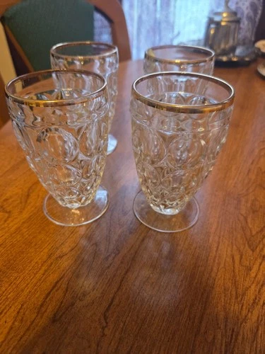 set of 4 Jeanette glass thumbprint Juice glass with gold trim w inches tall