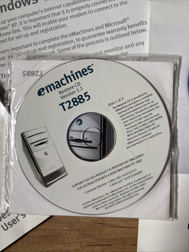 EMACHINES - T2885 PC RESTORE / BACKUP 3-DISC CD-ROM SET, SOFTWARE With Paperwork - Image 2 of 4