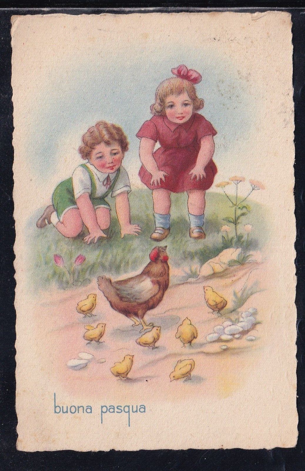 Cartolina Buona Pasqua Bambin Gallina Pulcini ZB810