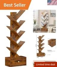 Charming 8-Tier Tree Bookshelf with Drawer - Rustic Brown Standalone Design