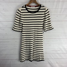 Zara Knit Striped Short Sleeve Sweater Dress Sz Small Black Ivory Lettuce Trim