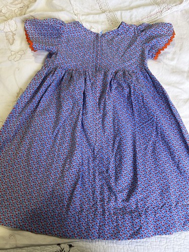 Vintage 70s Handmade Long Prairie Dress 9 mos Blue Red Ditsy Floral Red Rickrack - Picture 7 of 9