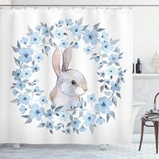 Watercolor Flower Shower Curtain, Bunny 69"W x 70"L Pack of 1 Blue White