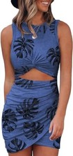 Sleeveless Tank Dress Size Small Cut Out Twist Bodycon Wrap Mini Blue Leaf D2