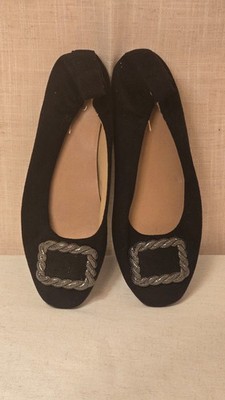 Linea Paola Mina Black Square Toe Flats Silver Buckle Womens Size 6
