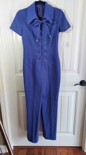 Vtg 70s Disco Jumpsuit S Lace Up Front Corset Short Sleeve Wide Leg Polyester