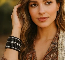 15-Strand Black Beaded Bracelet Bohemian Fashion Boho Tribal Wide Cuff NEW