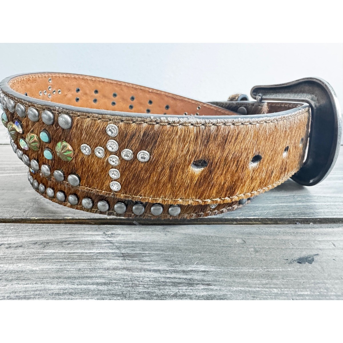 Nocona Belt Large Brown Leather Hair Hide Studded Cross Belt  display picture 2