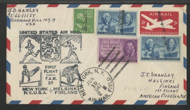 US, 1947, F.A.M. 24, NEW YORK TO FINLAND, STAMPED NEW YORK ON FRONT  (US6856)