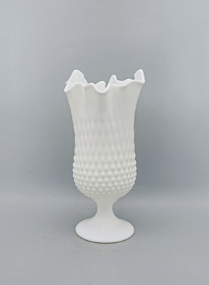 Vintage Fenton Blue Hobnail Milk Glass Footed Handkerchief Vase 11.5''