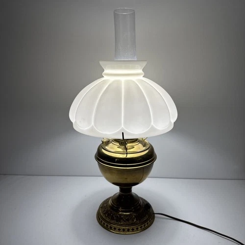 Antique B&H Brass Electrified Oil Lamp Student Parlor Milk Glass Melon Shade Vtg