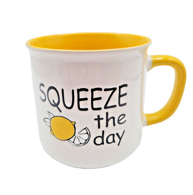 Squeeze The Day Lemon Coffee Mug Cup Two Tone White Yellow  Large 24 oz