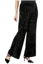 Nina Leonard Women's Sequined Velvet Wide Leg Pant Black