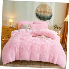 Fluffy Comforter Cover Set   Plush Faux Fur Bedding 3-Piece Set 1 Queen Pink