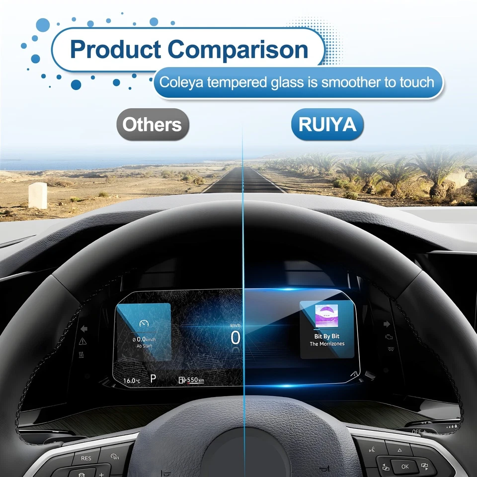 RUIYA Car Cockpit Screen Protector Tempered Glass 10.25-in For 2022-2024 VW Golf - Image 4 of 4