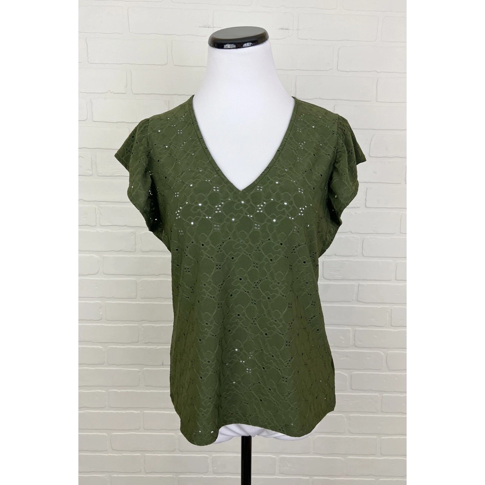 Camicetta Michael Kors nuova con etichette pizzo occhielli scollo a V manica corta svasata verde piccola