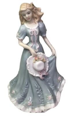 2000 Y.H. Yvonne Halton Elegant Lady Figurine Rose Trim Blue Dress Holding Hat