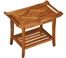 Teak Luxury Shower Bench Stool Seat w/ Leveling Feet, Teak Oil Finish, Large 