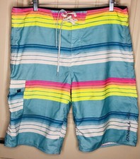 Men s O Neill Swim Trunks Shorts Striped Size 34 Pink Yellow Blue