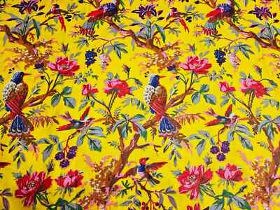 Indian 25 Yard Hand Block Yellow Bird Print 100% Cotton Dressmaking Craft Fabric