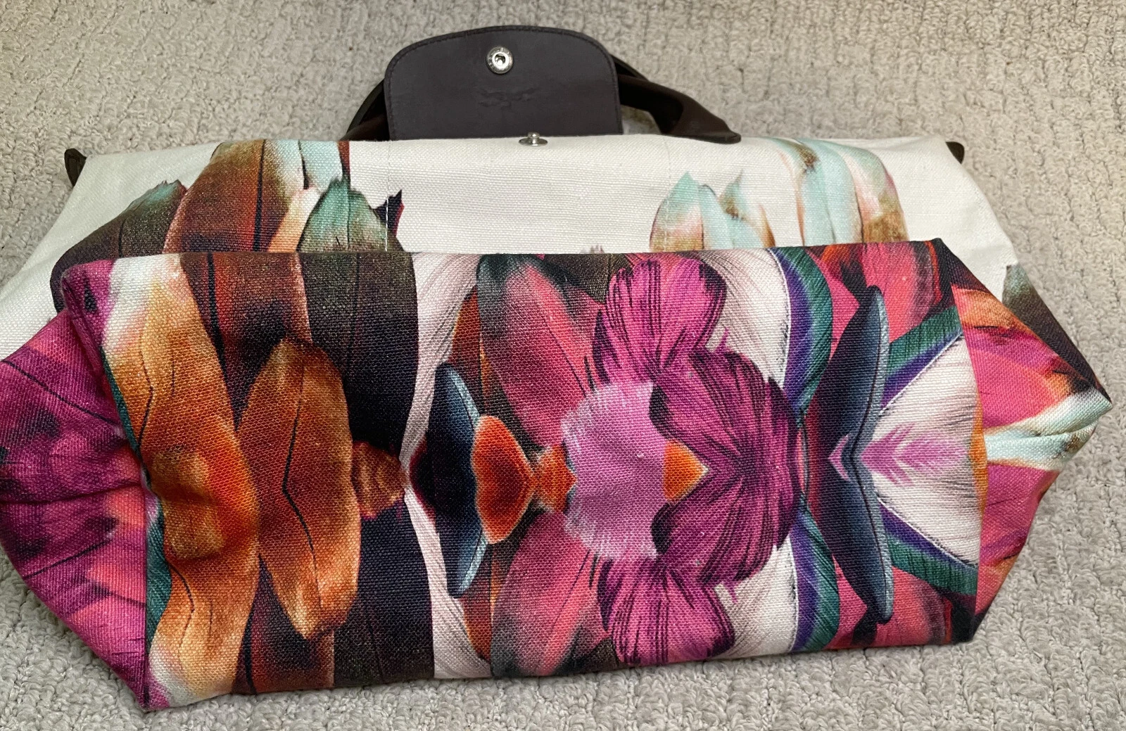 Borsa a mano Longchamp Le Pliage grande stampa piuma tela tote bag Ltd Ed rosso blu