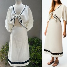 Nocturne Midi Dress White Linen Cut Out Black Trim Sz 2