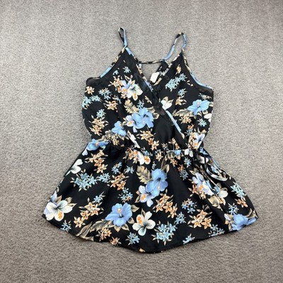 Sienna Sky Floral Cami Tank Top Medium Black Blue Hibiscus Wrap Front Sleeveless