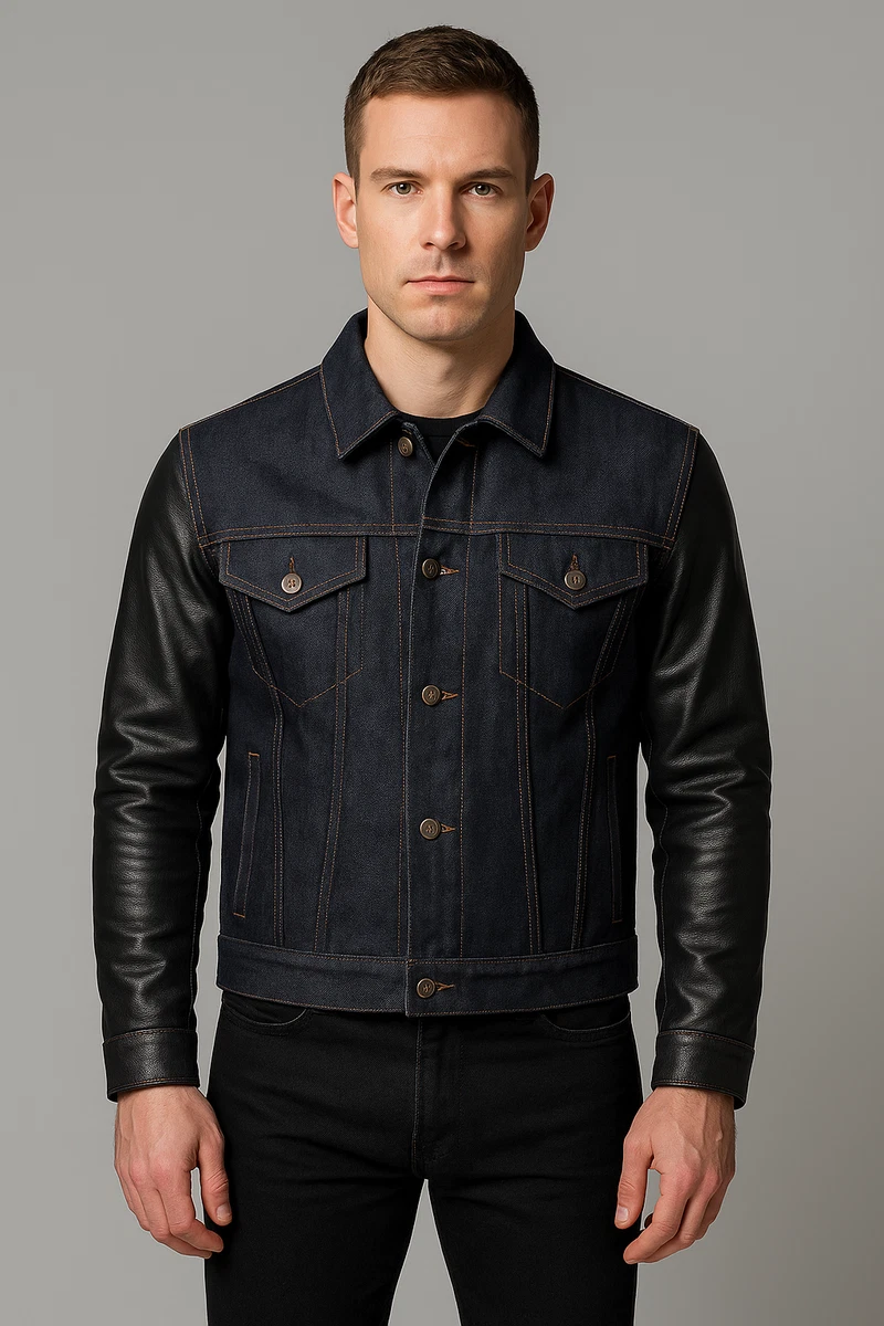 Jean Jacket Leather Sleeves In Men's Coats & Jackets for sale | eBay