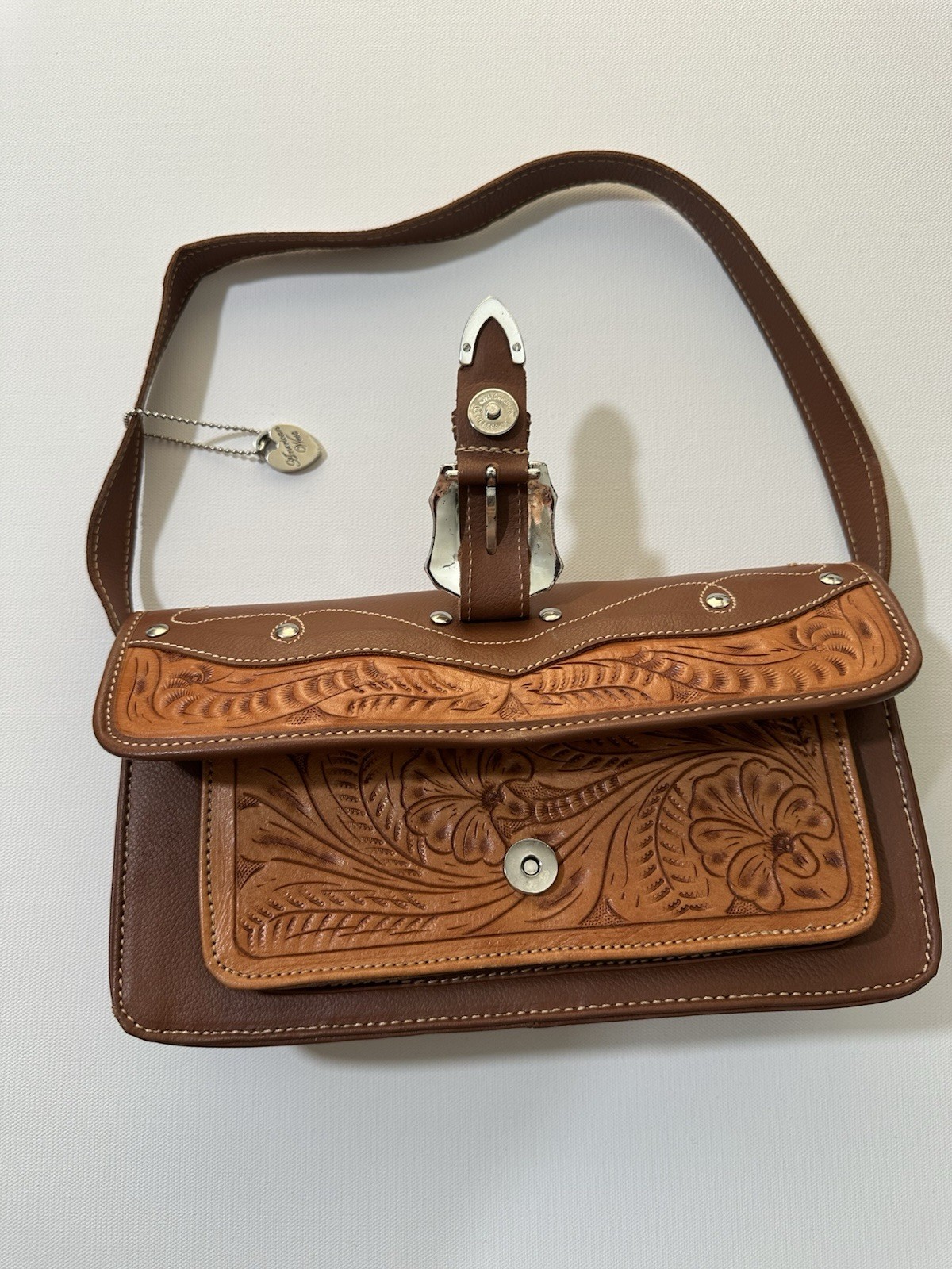 American West Western Tooled Leather Shoulder Bag Brown Silver Buckle image 3