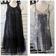Tracy Reese Sheer Black Mesh tulle Tie Neck Dress W/ Silver sequin Slip Sz S