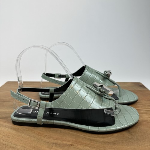 New Womens Longchamp Shield Sage Green Embossed Croc Leather Sandals Size EU 37