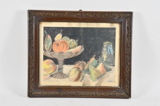 O17P09 Color Chalk Drawing Still Life with Fruit Monogrammed M.G.