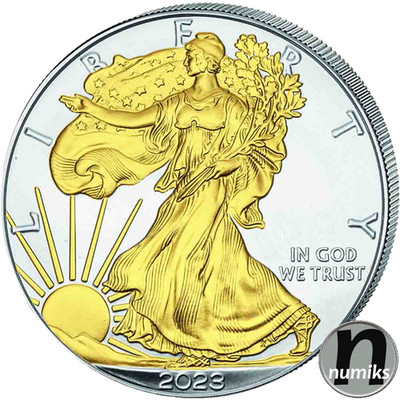 AMERICAN SILVER EAGLE vergoldet 2023 USA 1 Oz Silbermünze 999 BU 1 Dollar Kapsel