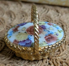 Vtg 60s Max Factor Hypnotique Solid Perfume Metal Basket Porcelain Top Flowers